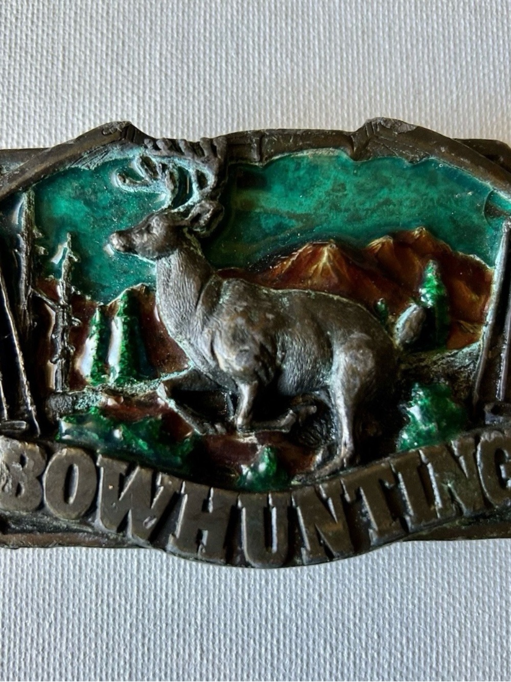 Vintage Bowhunting Elk Scene Belt Buckle - Green & Brown Enamel - 1983